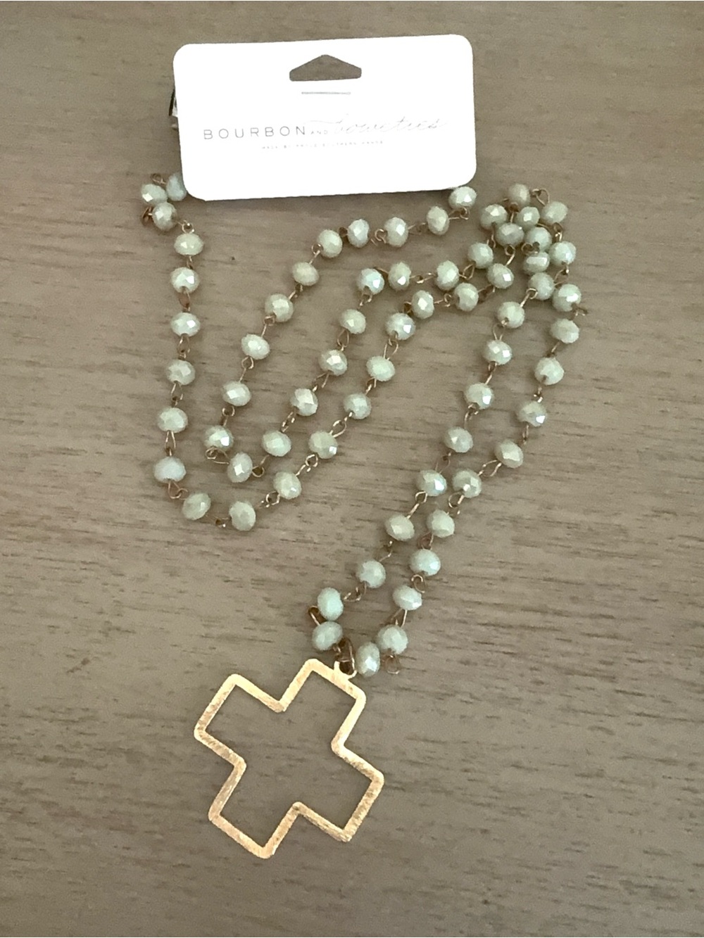 Bourbon & Boweties Glass Bead Rosary Style Cross Necklace Green Gold Tone NWT